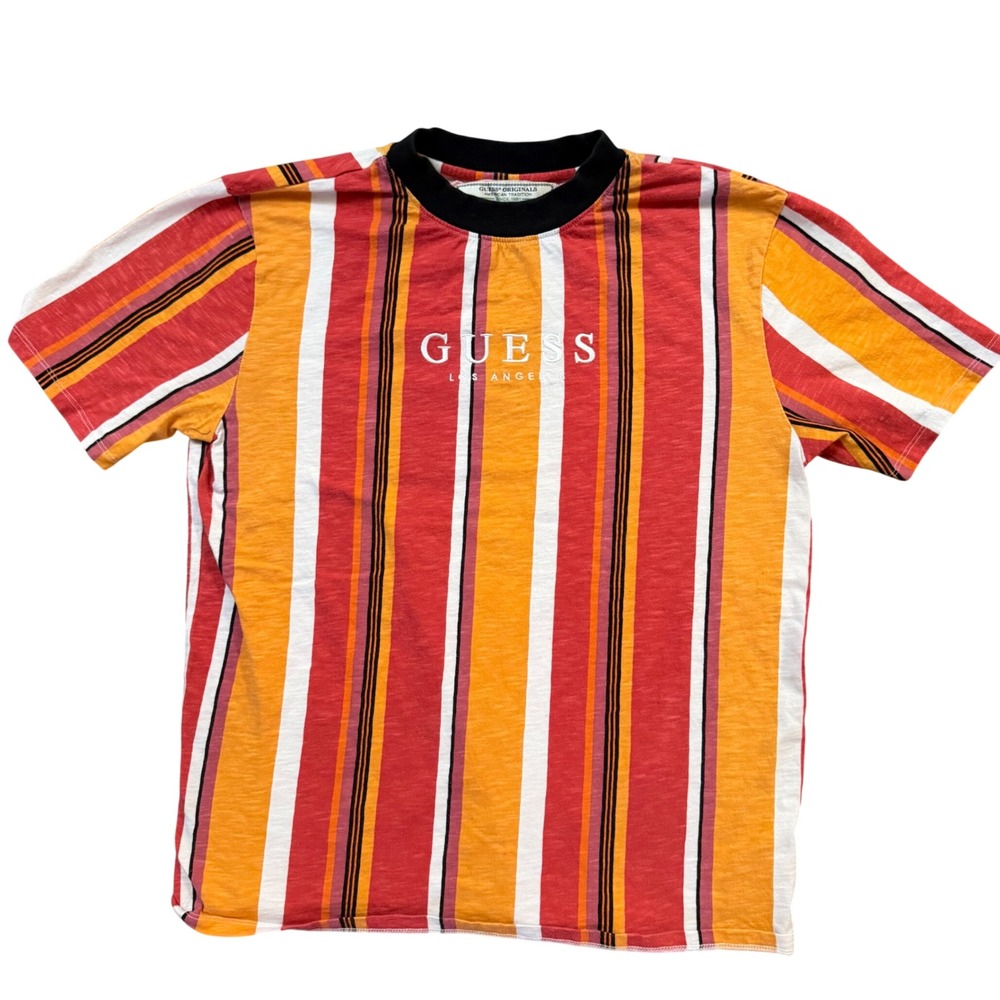 Guess Originals Mens Vertical Stripe T-Shirt Red Orange Yellow Size M